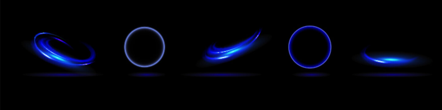 Neon swirl. Curve blue line light effect. Abstract ring background with glowing swirling background. Energy flow tunnel. Blue portal, platform. Magic circle vector.