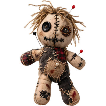 Halloween voodoo doll with pins and stitched body on white  