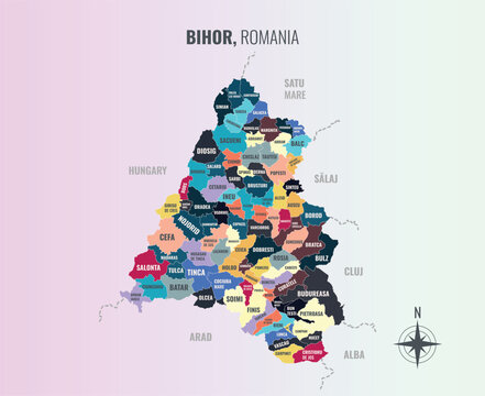 Bihor Romania County into Municipiu in a minimalist colorful style map showing