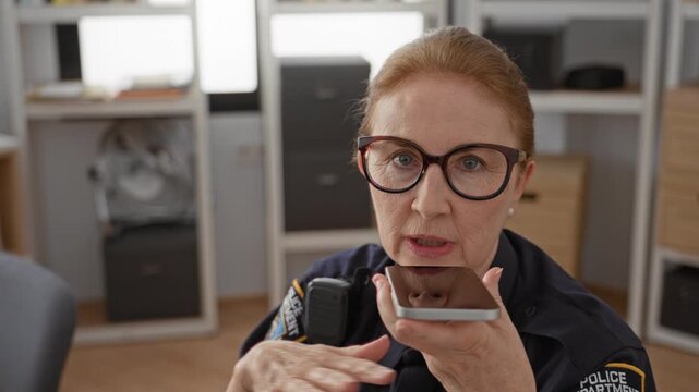Woman police officer holds smartphone to mouth while speaking, gestures with hand and shows badge on sleeve in office building; duty concern communication.