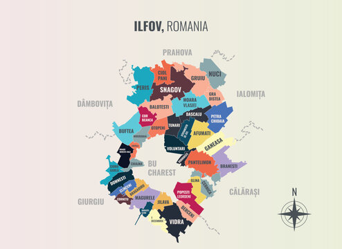 Ilfov Romania County into Municipiu in a minimalist colorful style map showing