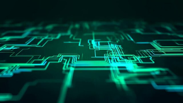 Futuristic green technology circuit board background with glowing lines and digital data flow