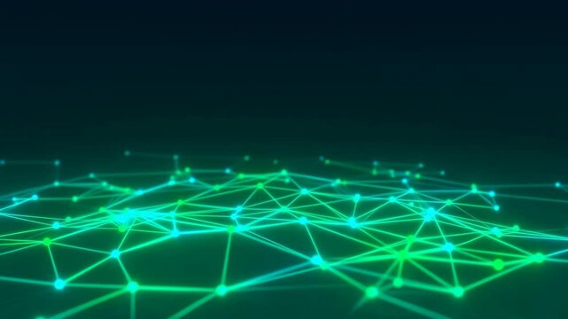 Abstract glowing green technology network background with connected lines and nodes, futuristic digital data connection concept
