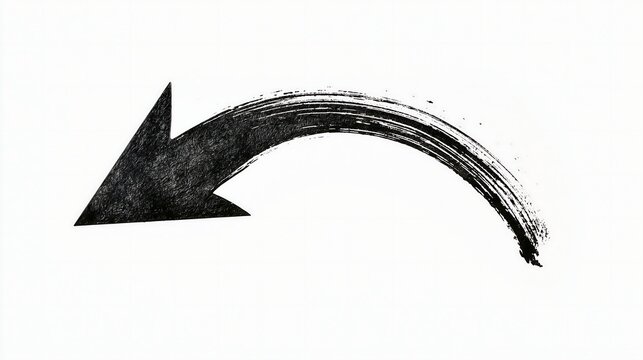 A curved black marker arrow pointing left with a rough textured stroke on a white background. Ideal for infographics and directional design concepts.