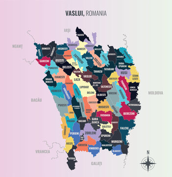 Vaslui Romania County into Municipiu in a minimalist colorful style map showing