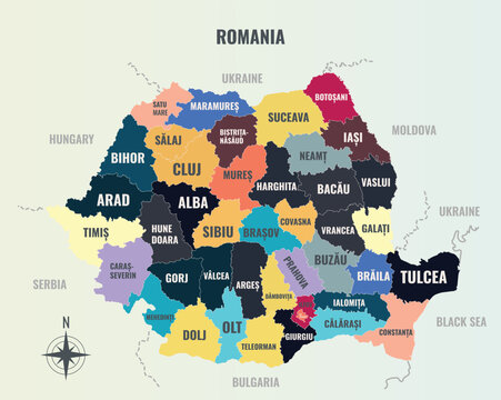 romania Country into Town in a minimalist colorful style map showing