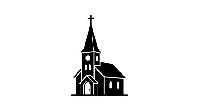 Black and white vector icon of a traditional church building with a steeple cross