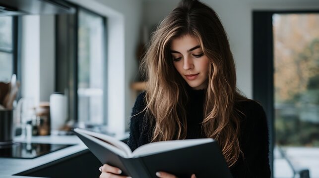 Young woman reading book in a modern bright kitchen interior with soft natural lighting and blurred background home setting