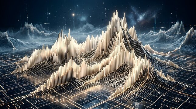 Futuristic white glowing digital data mountain landscape with abstract technological grid network