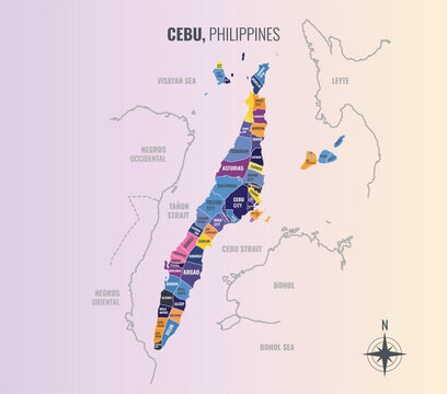 Cebu Philippines Province into Municipality in a minimalist colorful style map showing