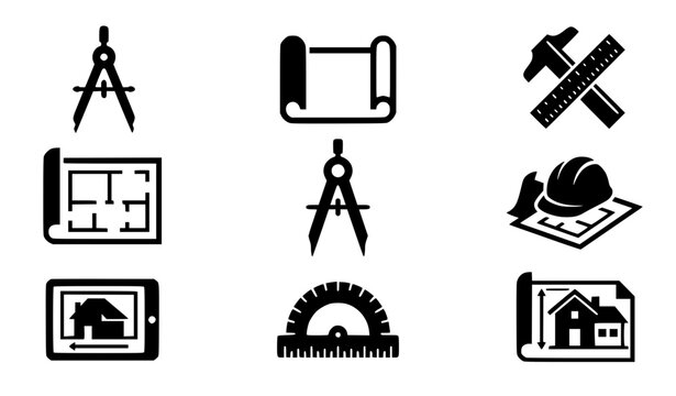 Architectural blueprints and compasses vector silhouettes emblem set engineering logo collection