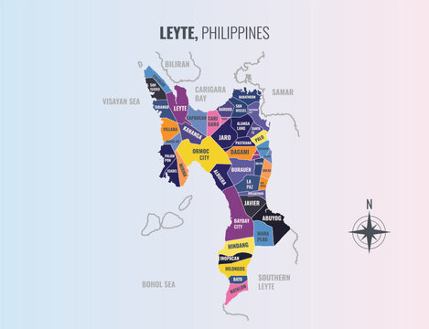 Leyte Philippines Province into Municipality in a minimalist colorful style map showing