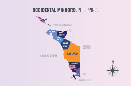 Occidental Mindoro Philippines Province into Municipality in a minimalist colorful style map showing
