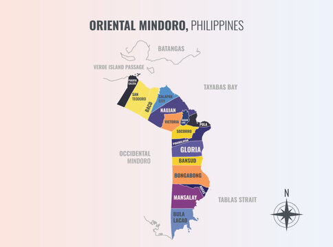 Oriental Mindoro Philippines Province into Municipality in a minimalist colorful style map showing