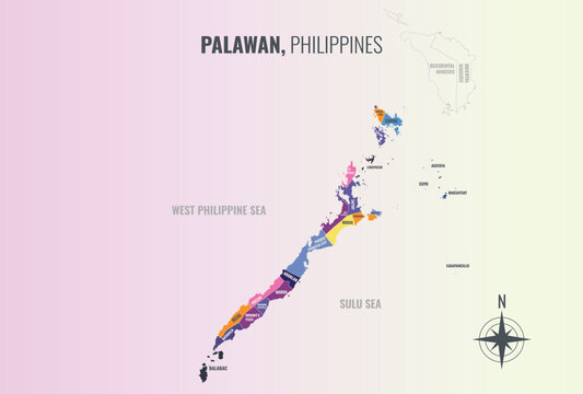Palawan Philippines Province into Municipality in a minimalist colorful style map showing