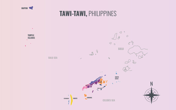 TawiTawi Philippines Province into Municipality in a minimalist colorful style map showing