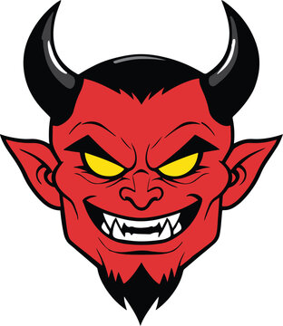 Evil red devil face with sharp horns and yellow eyes, menacing mascot vector illustration
