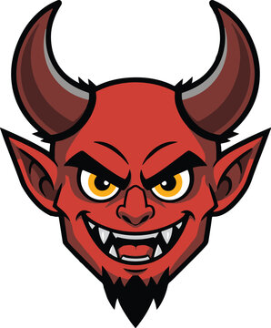 Fierce red devil head with curved horns and sharp fangs, aggressive mascot vector illustration
