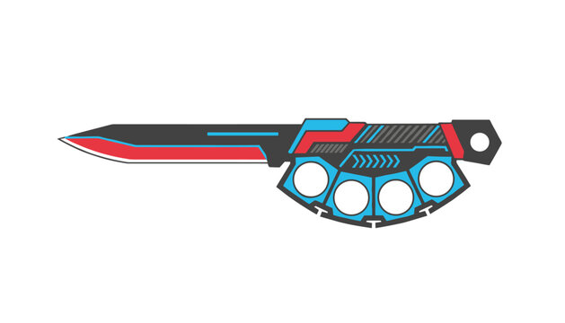 Futuristic tactical knife features a sharp black blade with red trim and a blue knuckle duster handle grip.