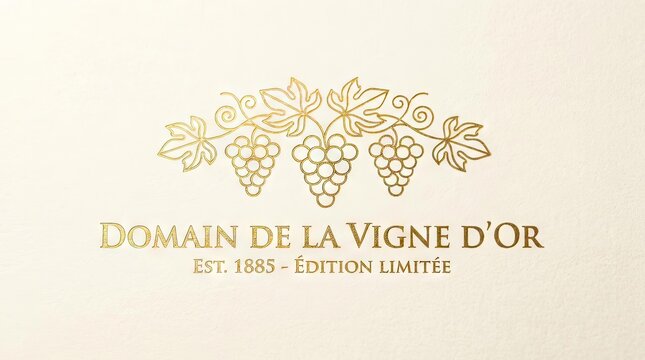 Golden vineyard emblem with grape clusters.