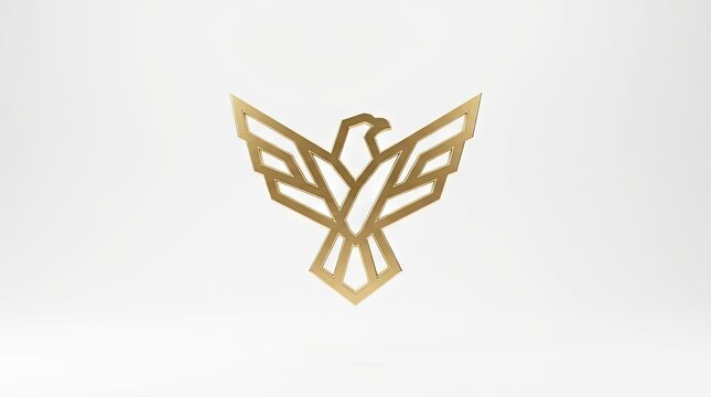 Gold geometric eagle icon on white background.