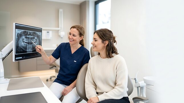 Professional dentist explains detailed digital X-ray to a patient, fostering clear understanding and personalized care for excellent oral health in a contemporary medical setting