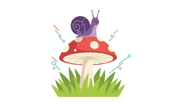 Cute purple snail sits on top of a red spotted mushroom surrounded by green grass blades on a white background.