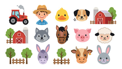 Fototapeta premium Cute farm animals vector clip art set with cartoon farmer boy red tractor barn house and friendly domestic faces