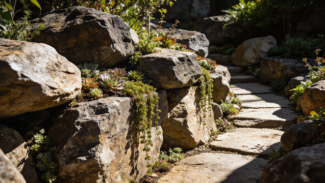 Rock garden with stone retaining wall, succulents and flagstone path