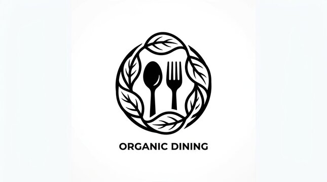 Organic dining logo with fork spoon and leaf wreath.