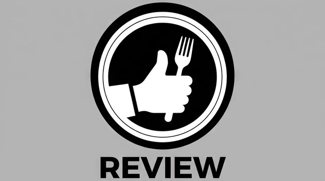 Thumbs up review icon with fork and spoon.