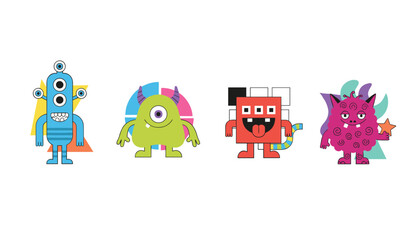 Fototapeta premium Row of four funny cartoon monster characters with distinct features in vibrant blue, green, red, and purple colors.