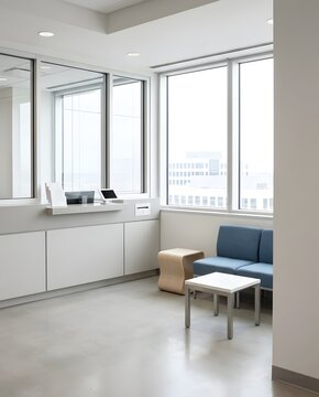 Bright modern office reception area with large windows and blue seating furniture