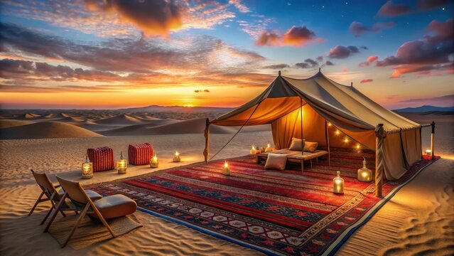 Cozy Tent Setup at Sunset in Desert with Lanterns and Rugs
