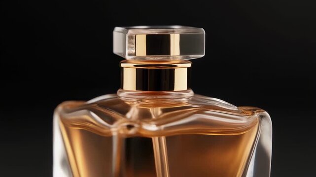 Slow motion close up of luxury perfume bottle with golden liquid and metallic cap