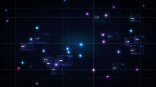 Futuristic digital interface with glowing nodes, data points, and a cybernetic grid background for high-tech concepts