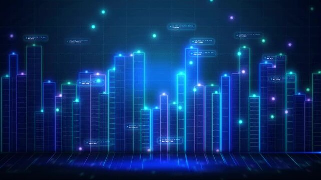 Abstract Cyber City Landscape with Glowing Neon Blue Buildings and Digital Data Connection Network