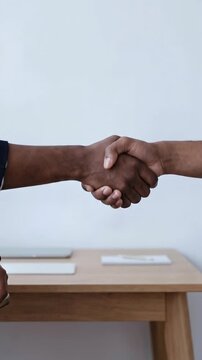 Business handshake builds trust and partnership through ESG negotiation, agreement and cooperation among diverse professionals at modern office table