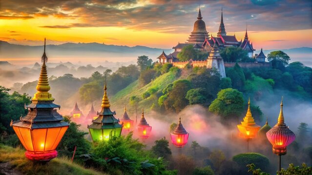 Serene Mountain Temple at Sunset with Colorful Lanterns in Thailand