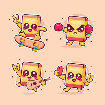 funny cube eraser box characters vector illustration set featuring skateboarding kickflip, boxing sport, playing guitar, and taking a selfie.