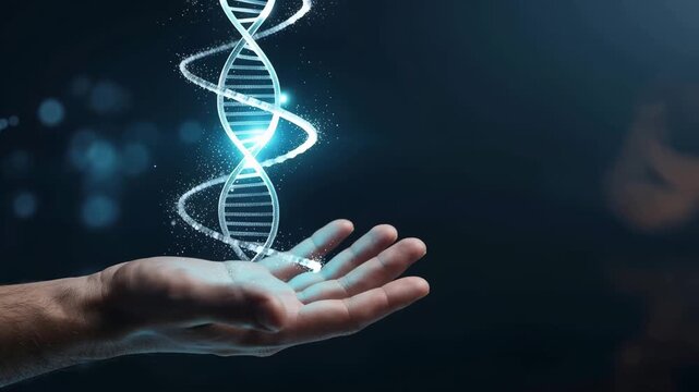 A human hand gently holds a glowing, futuristic DNA helix in a dark, abstract background.