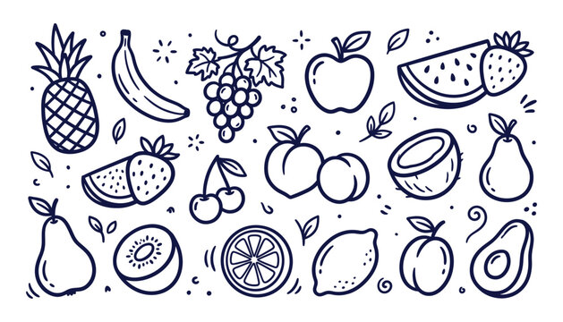 Hand drawn doodle set of various fresh fruits including pineapple banana grapes apple watermelon strawberry cherry and pear