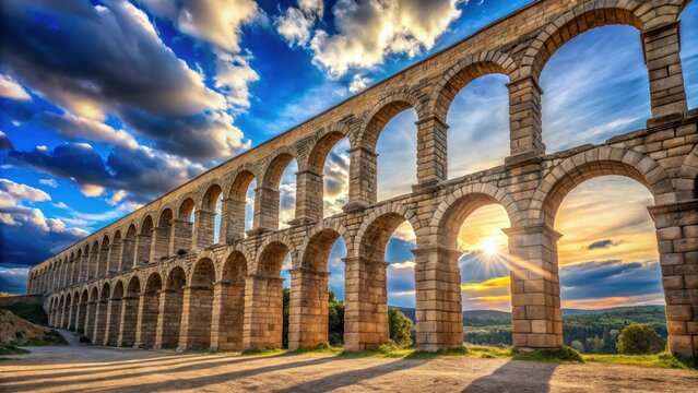 Majestic Roman Aqueduct Under Dramatic Sky and Sunset Glow