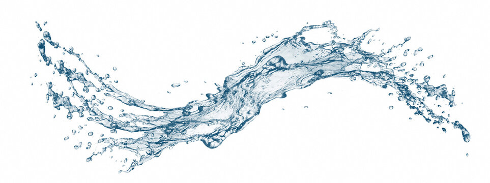 白背景と抽象的な青い水しぶき｜クリーンな水の流れと飛沫の背景イメージ