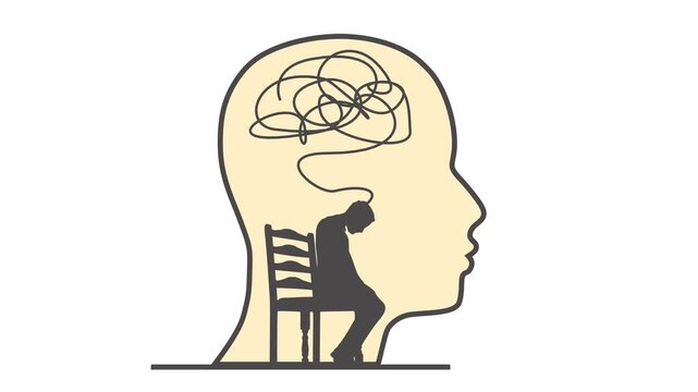Inside a head silhouette, a sad person sits on a chair under a tangled scribble of thoughts. A metaphor of depression, anxiety, overthinking, mental burden, inner struggle and the need for support.