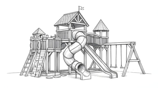 Line art sketch drawing of a wooden children playground structure with slides towers and swings