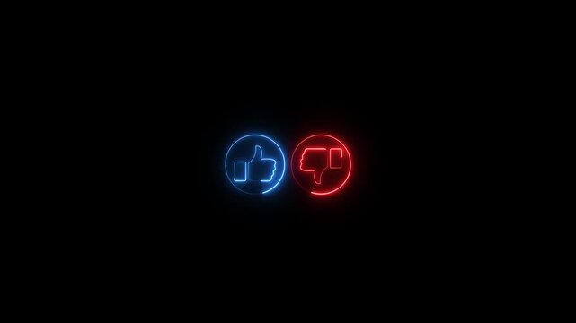Glowing neon line Hand thumb up icon isolated animation, Social media like increasing animated like button, abstract social media like button Motion graphics of concept black background. animated neon