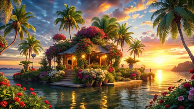 Tropical sunset scene with vibrant flowers and idyllic gazebo retreat