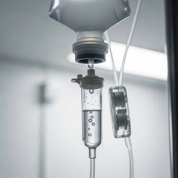 Close-up medical IV drip bag with saline solution slowly infusing into a patient's treatment.