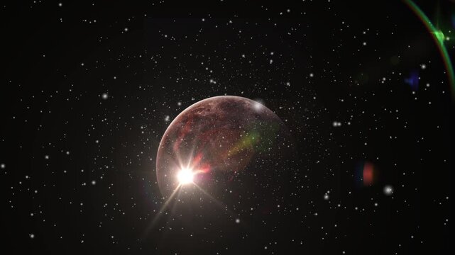 Sunlight bursting from edge of mysterious planet in a star-studded deep space dynamic motion footage.